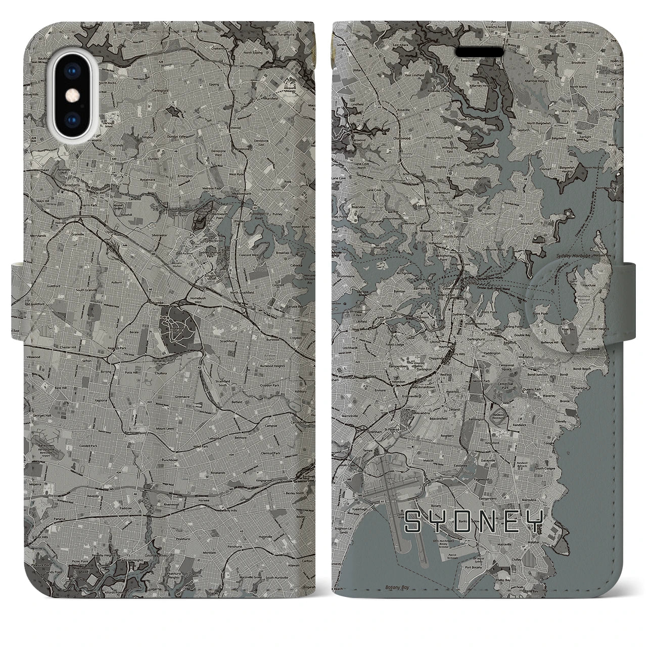 【シドニー(オーストラリア)】地図柄iPhoneケース(手帳タイプ)モノトーン・iPhone XS Max 用