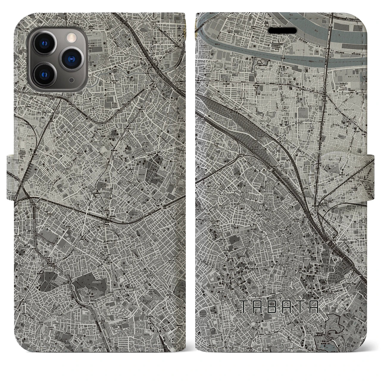 【田端(東京都)】地図柄iPhoneケース(手帳タイプ)モノトーン・iPhone 11 Pro Max 用