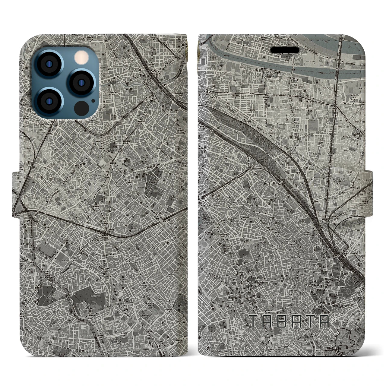 【田端(東京都)】地図柄iPhoneケース(手帳タイプ)モノトーン・iPhone 12 / 12 Pro 用