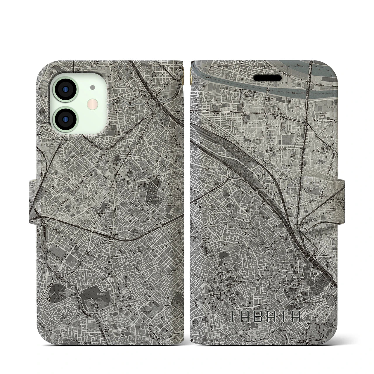 【田端(東京都)】地図柄iPhoneケース(手帳タイプ)モノトーン・iPhone 12 mini 用