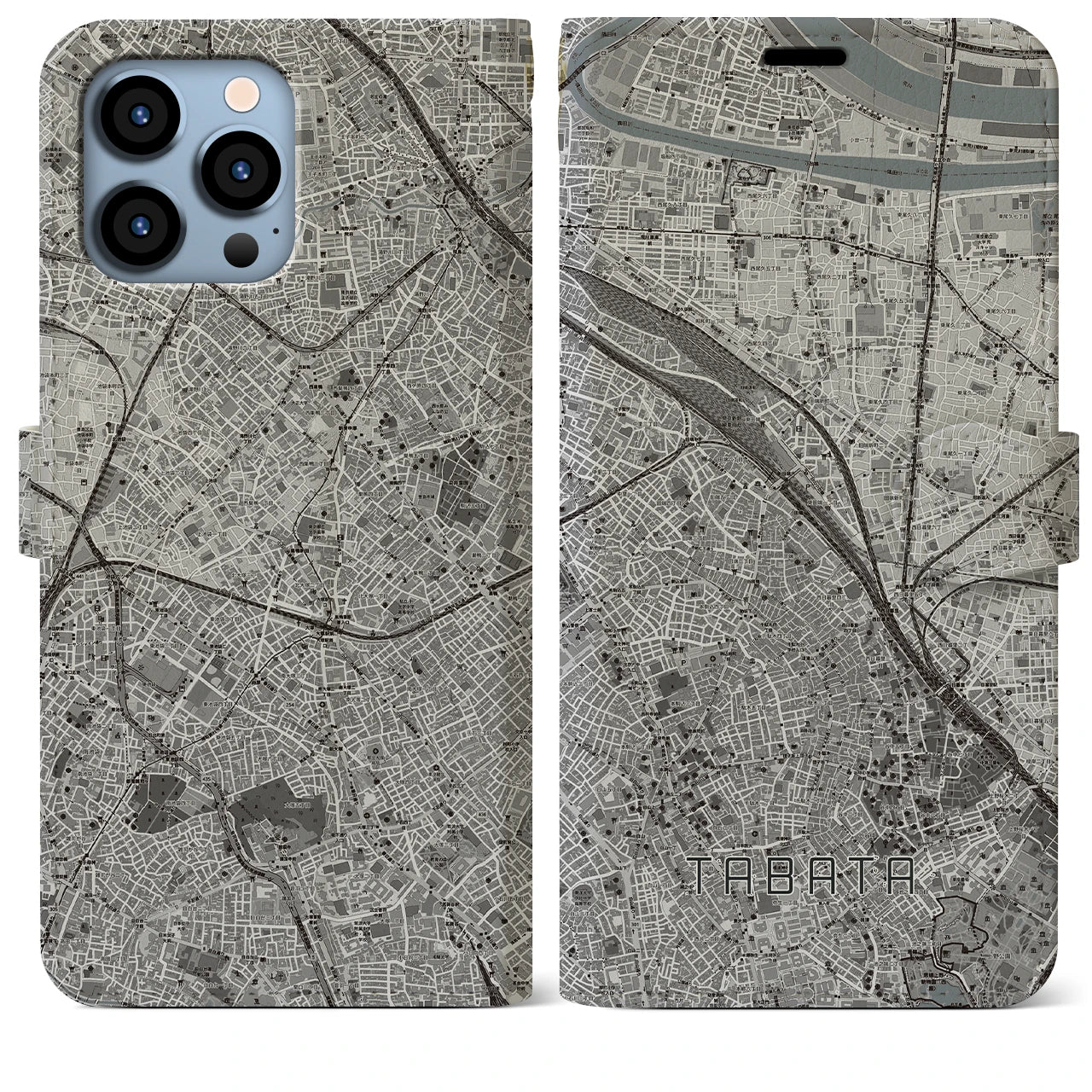 【田端(東京都)】地図柄iPhoneケース(手帳タイプ)モノトーン・iPhone 13 Pro Max 用
