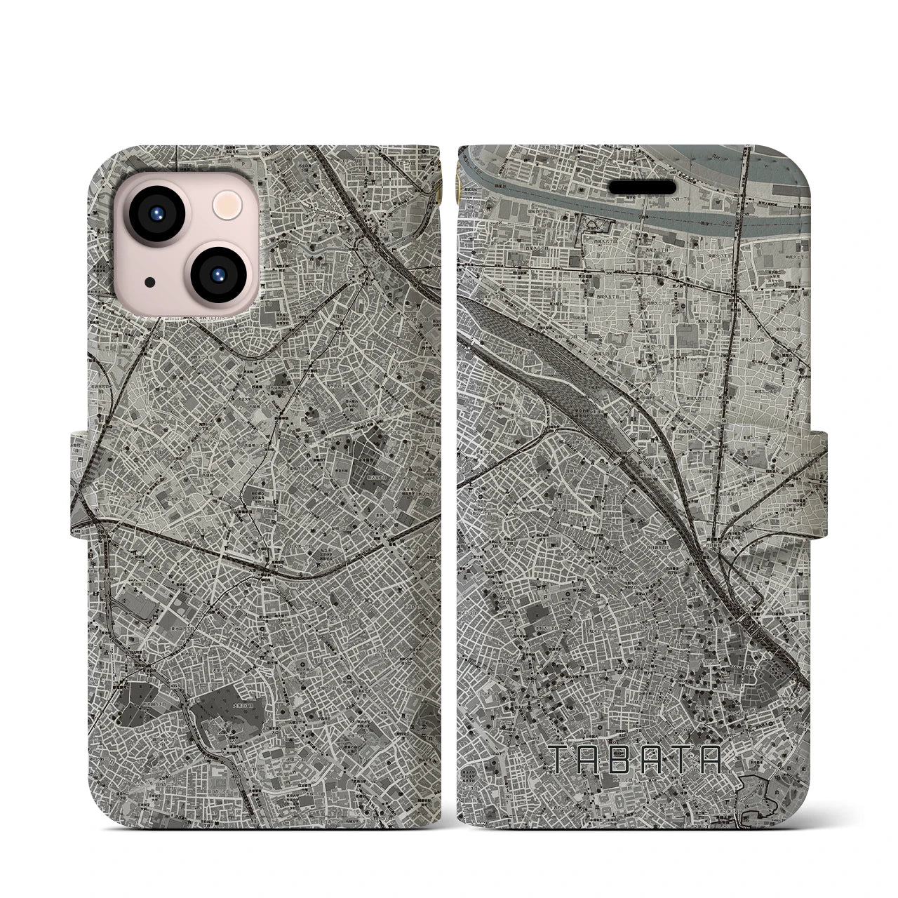 【田端(東京都)】地図柄iPhoneケース(手帳タイプ)モノトーン・iPhone 13 mini 用