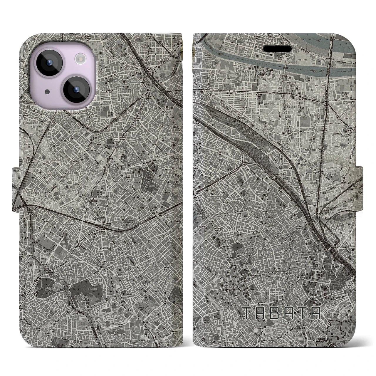 【田端(東京都)】地図柄iPhoneケース(手帳タイプ)モノトーン・iPhone 14 用