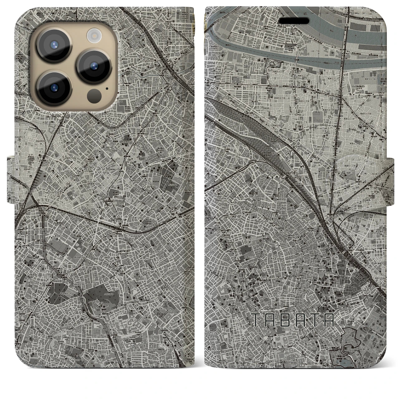 【田端(東京都)】地図柄iPhoneケース(手帳タイプ)モノトーン・iPhone 14 Pro Max 用