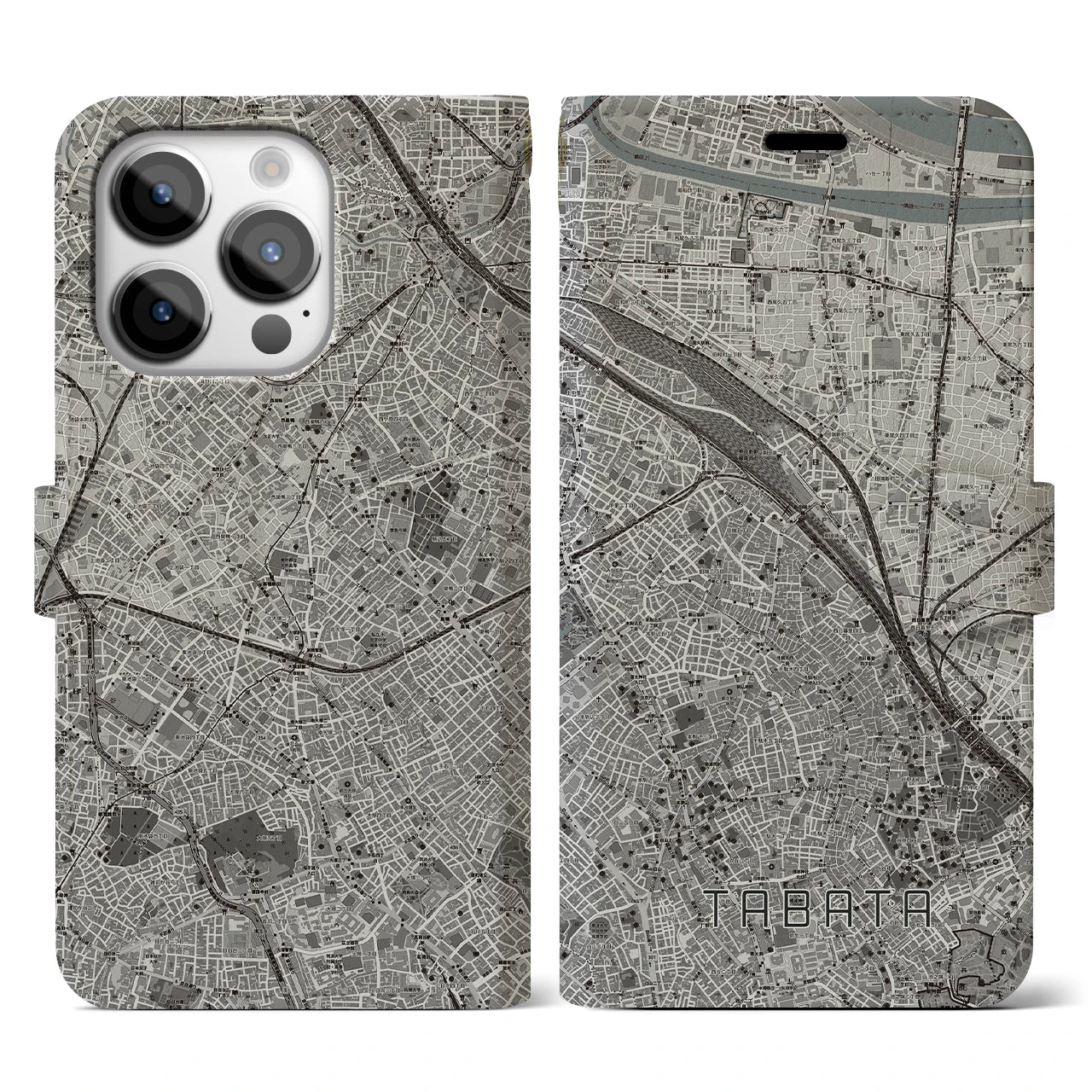 【田端(東京都)】地図柄iPhoneケース(手帳タイプ)モノトーン・iPhone 14 Pro 用