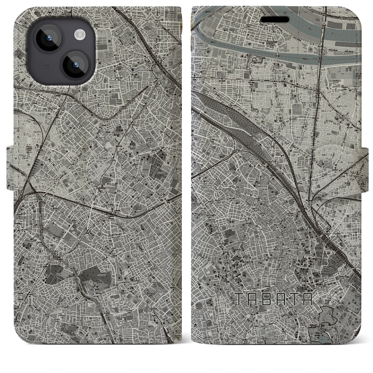 【田端(東京都)】地図柄iPhoneケース(手帳タイプ)モノトーン・iPhone 14 Plus 用
