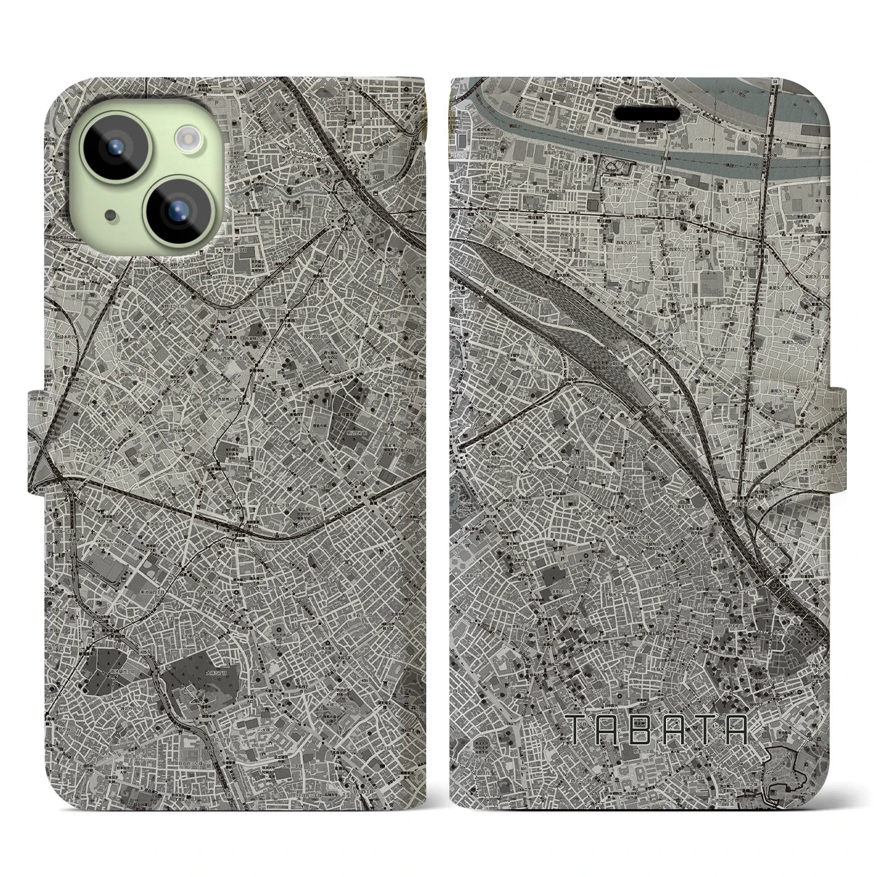 【田端(東京都)】地図柄iPhoneケース(手帳タイプ)モノトーン・iPhone 15 用