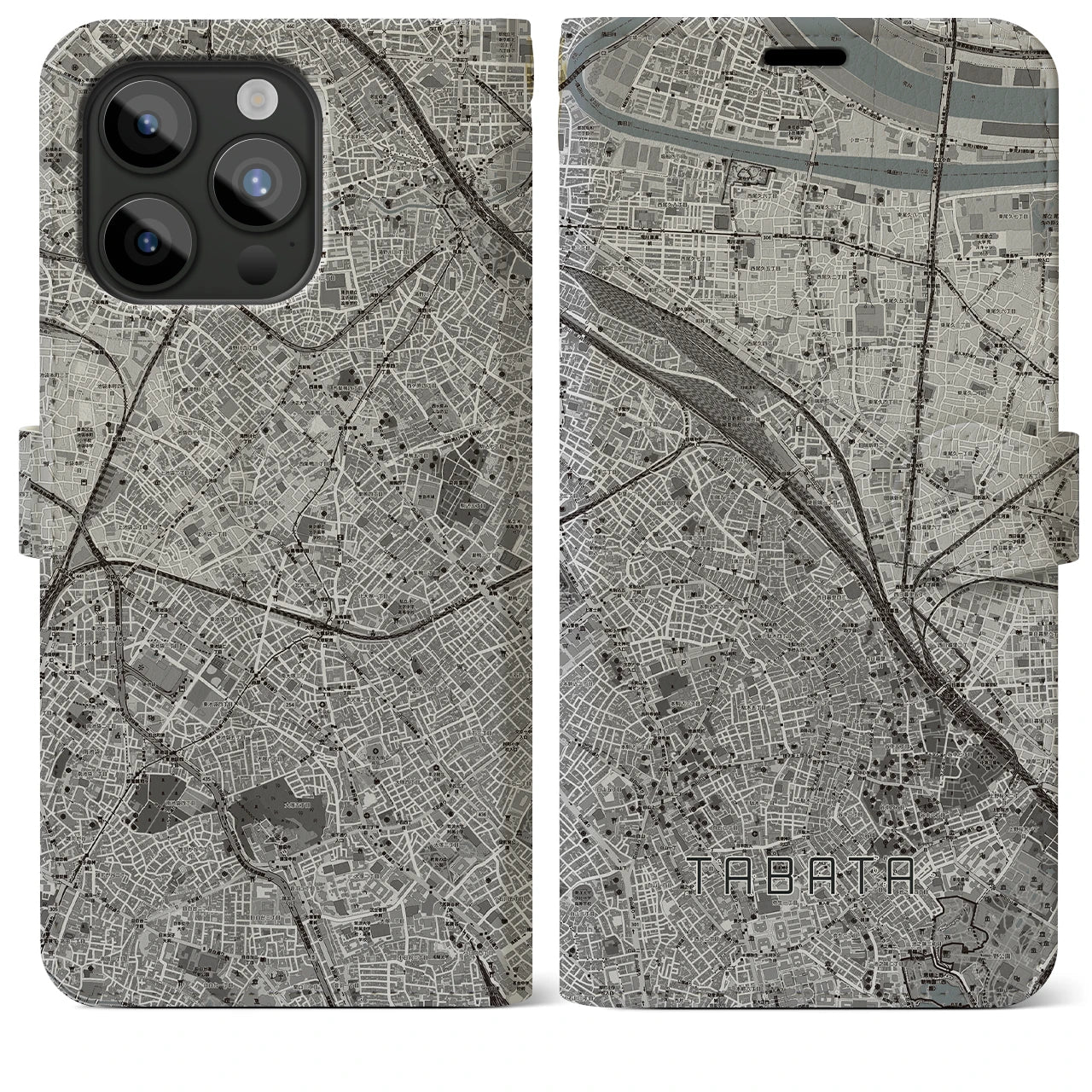【田端(東京都)】地図柄iPhoneケース(手帳タイプ)モノトーン・iPhone 15 Pro Max 用