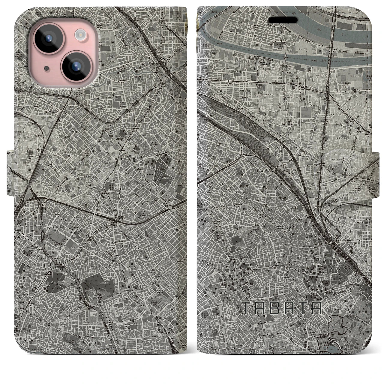 【田端(東京都)】地図柄iPhoneケース(手帳タイプ)モノトーン・iPhone 15 Plus 用