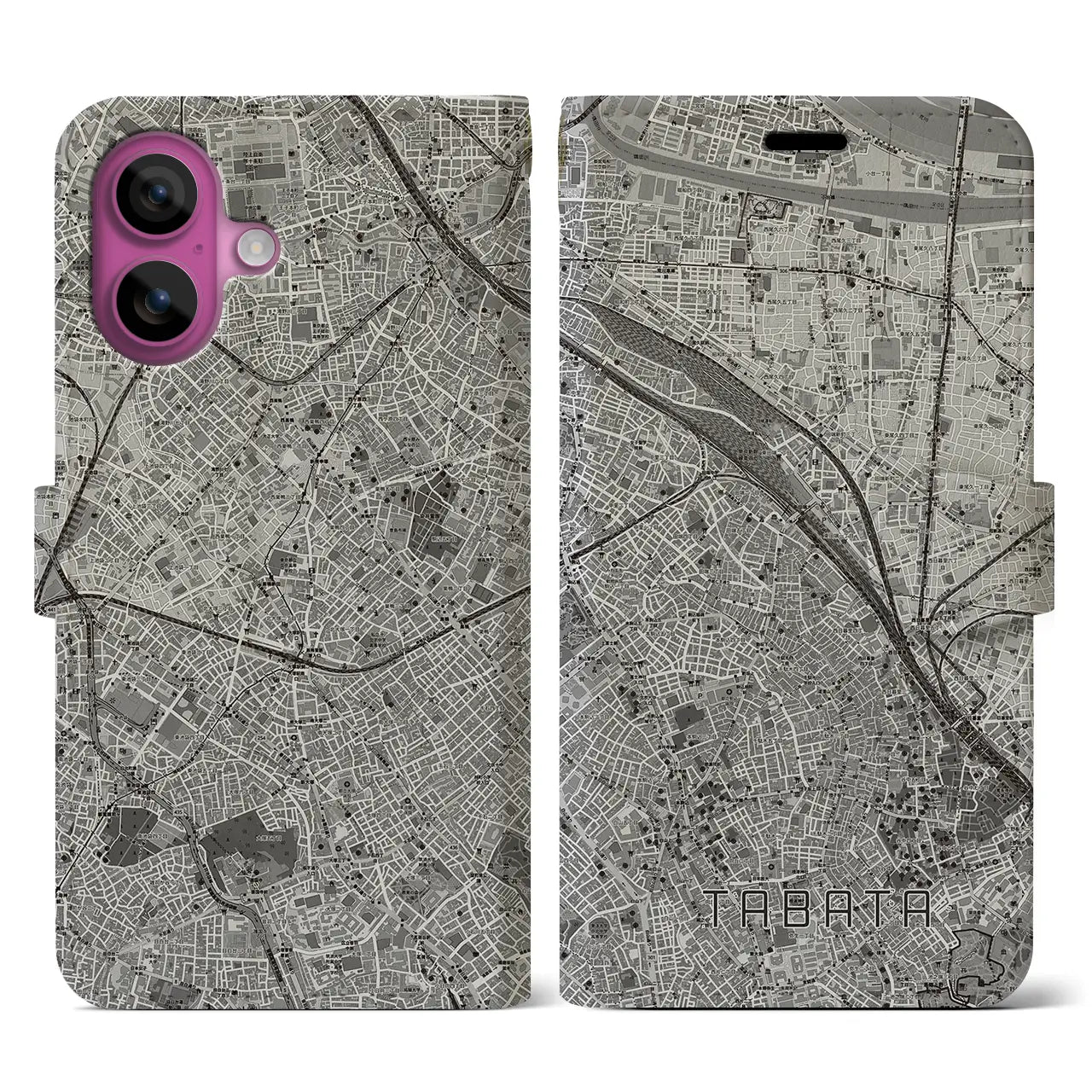 【田端(東京都)】地図柄iPhoneケース(手帳タイプ)モノトーン・iPhone 16 Pro 用