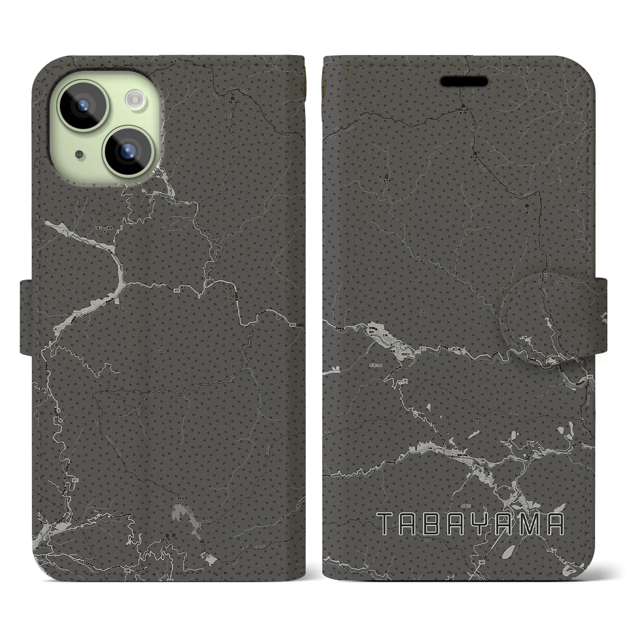 【丹波山(山梨県)】地図柄iPhoneケース(手帳タイプ)モノトーン・iPhone 15 用