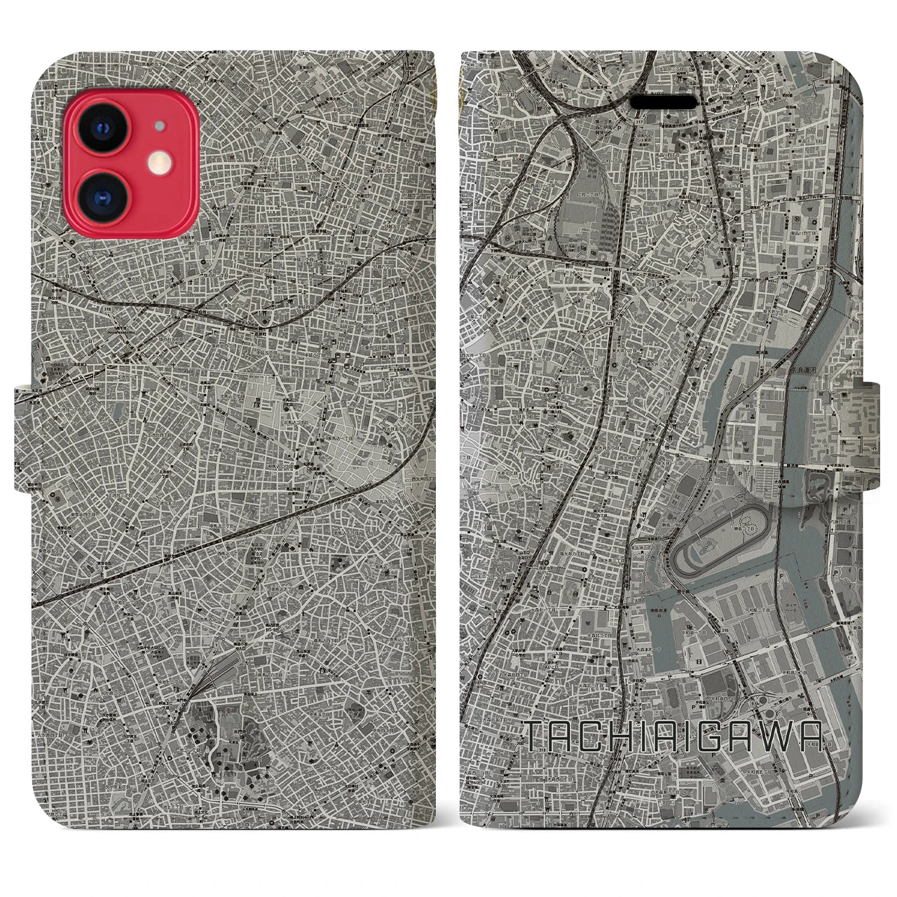 【立会川(東京都)】地図柄iPhoneケース(手帳タイプ)モノトーン・iPhone 11 用