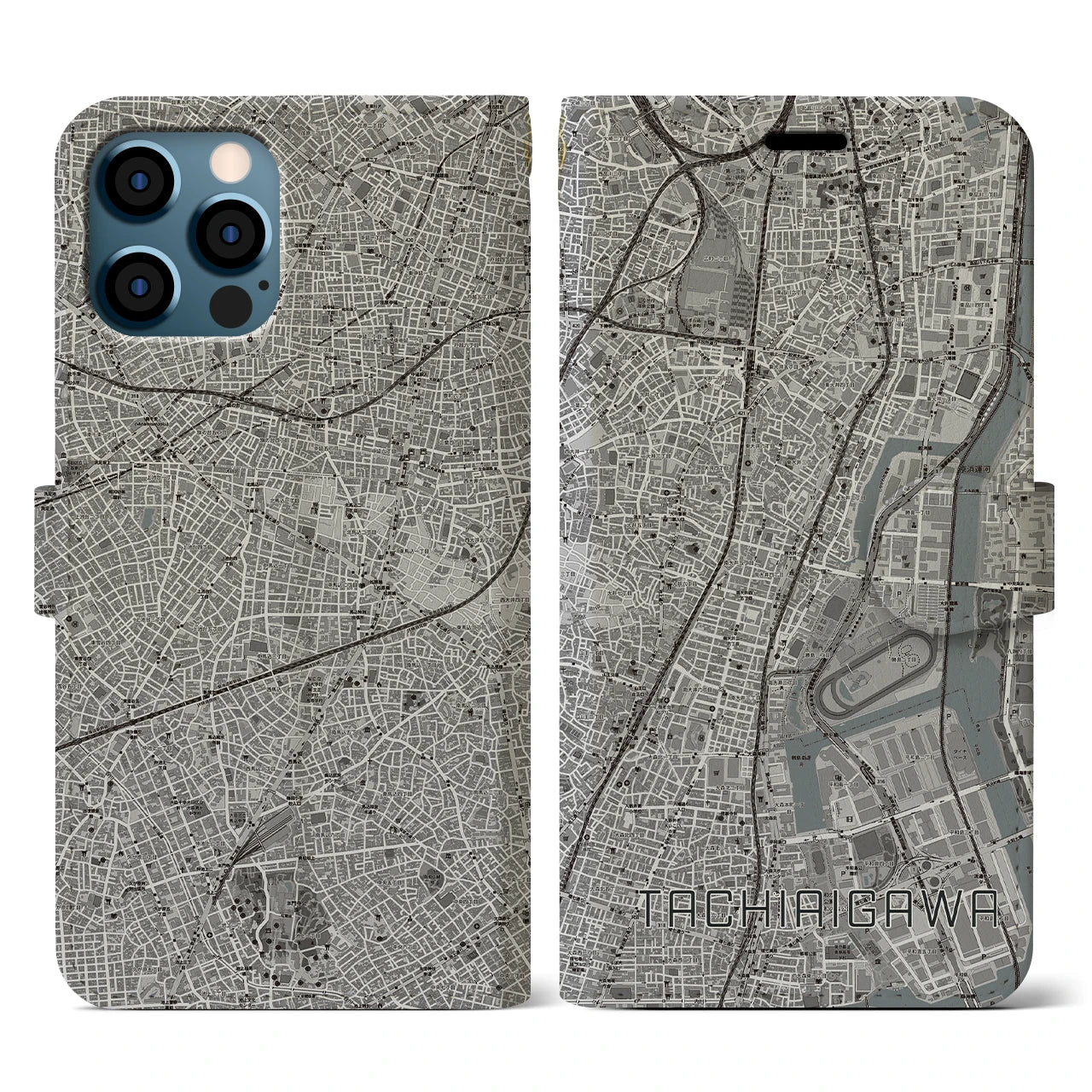 【立会川(東京都)】地図柄iPhoneケース(手帳タイプ)モノトーン・iPhone 12 / 12 Pro 用