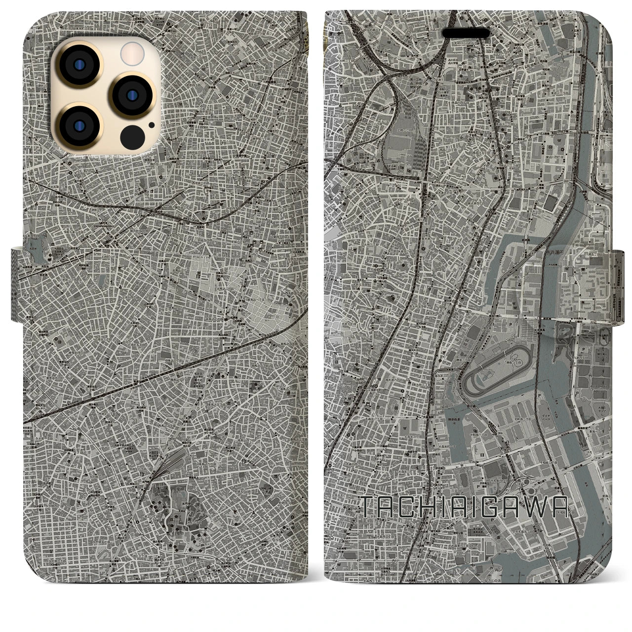 【立会川(東京都)】地図柄iPhoneケース(手帳タイプ)モノトーン・iPhone 12 Pro Max 用