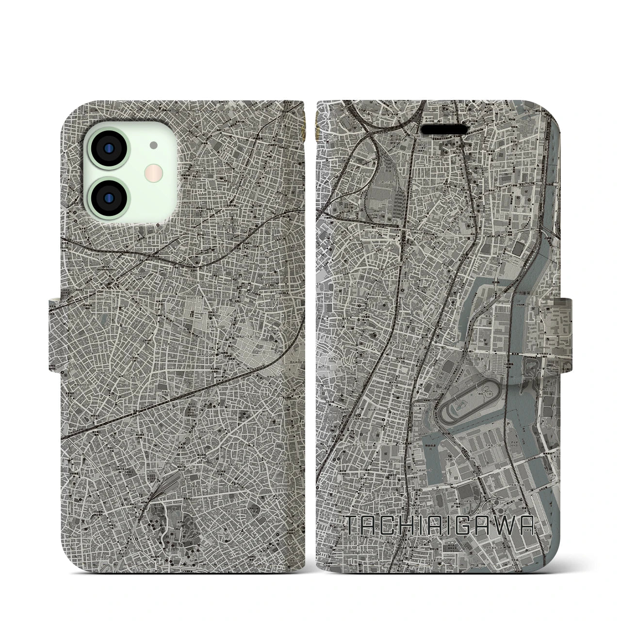 【立会川(東京都)】地図柄iPhoneケース(手帳タイプ)モノトーン・iPhone 12 mini 用