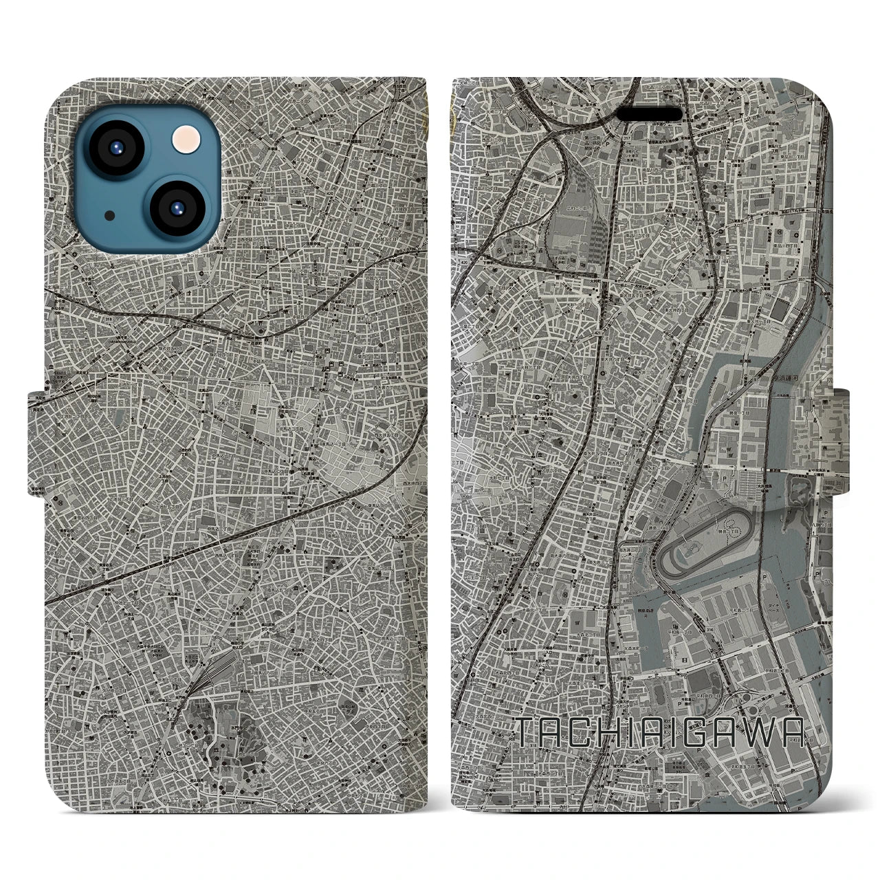 【立会川(東京都)】地図柄iPhoneケース(手帳タイプ)モノトーン・iPhone 13 用