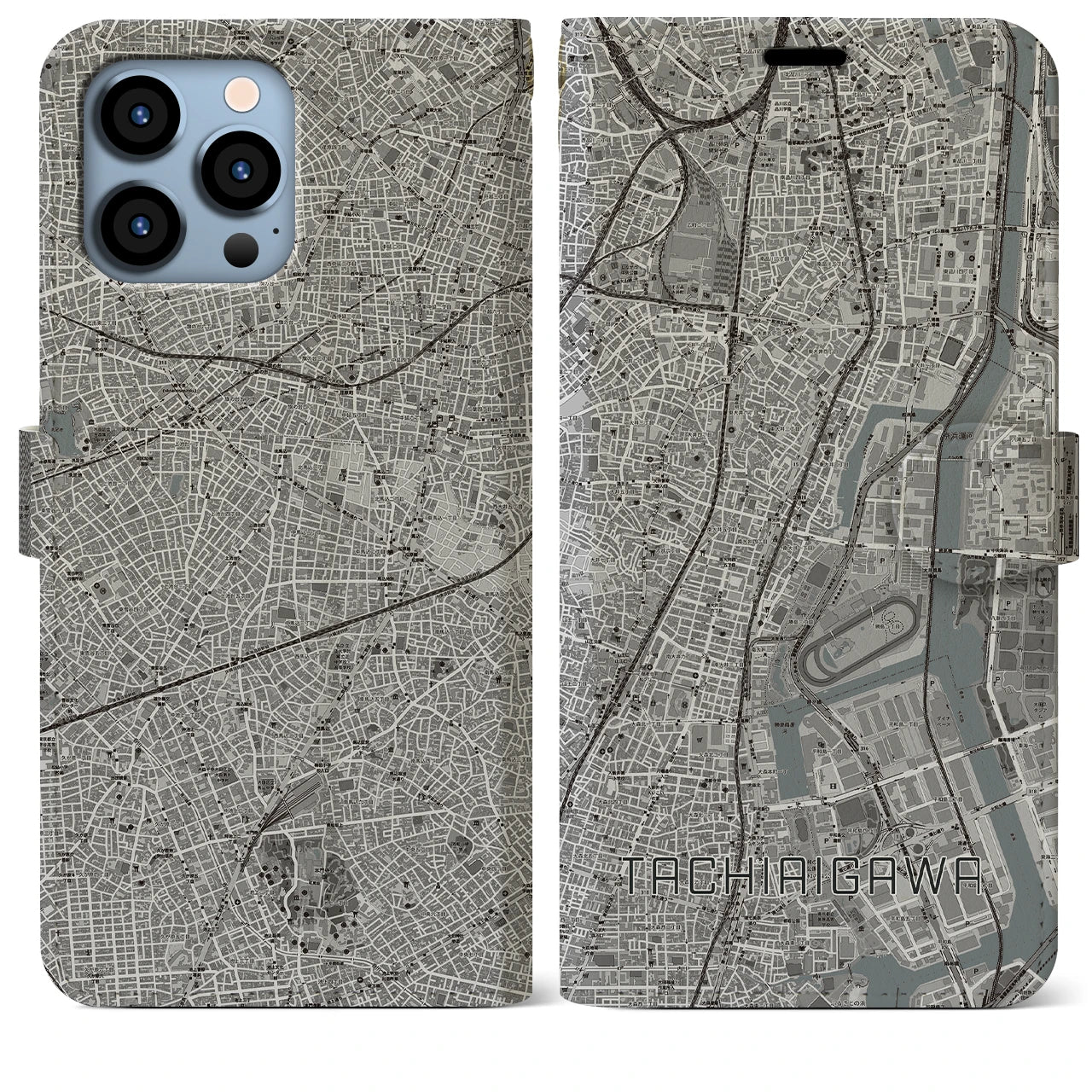 【立会川(東京都)】地図柄iPhoneケース(手帳タイプ)モノトーン・iPhone 13 Pro Max 用