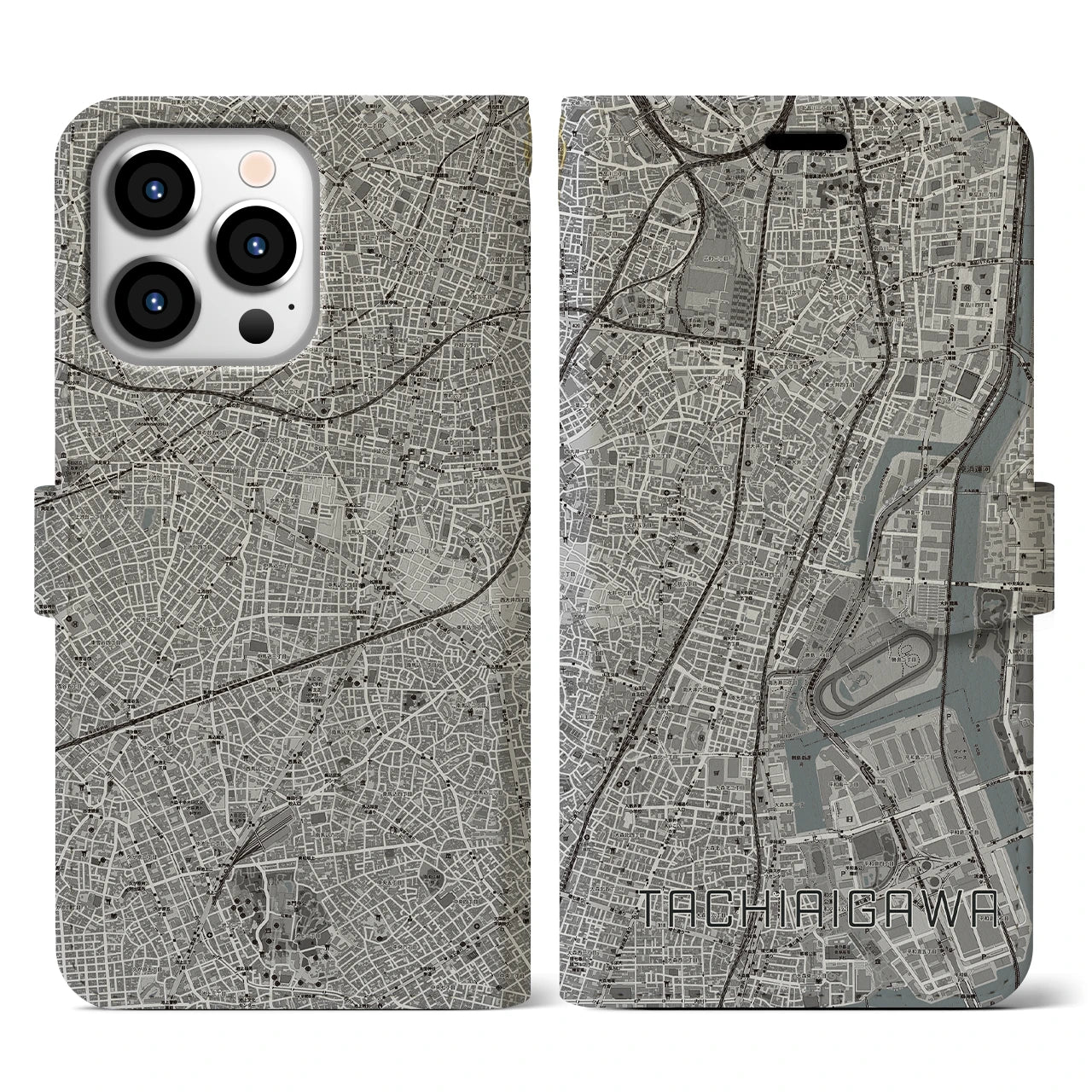 【立会川(東京都)】地図柄iPhoneケース(手帳タイプ)モノトーン・iPhone 13 Pro 用