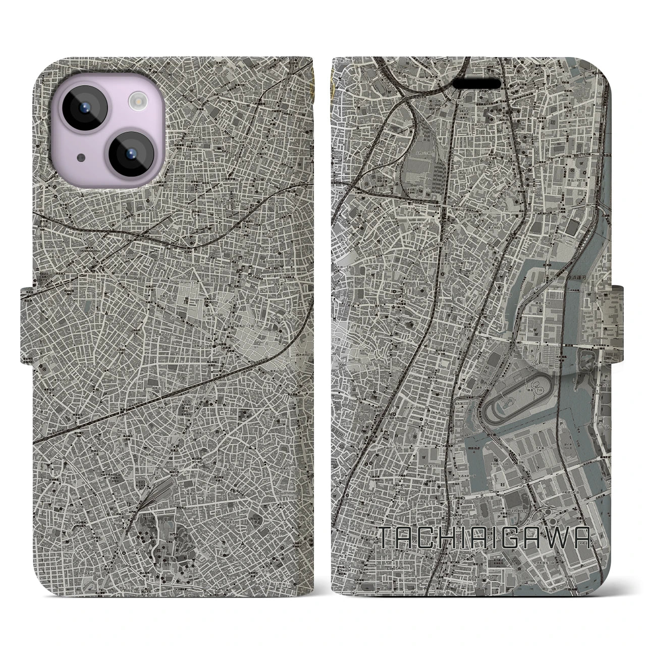 【立会川(東京都)】地図柄iPhoneケース(手帳タイプ)モノトーン・iPhone 14 用