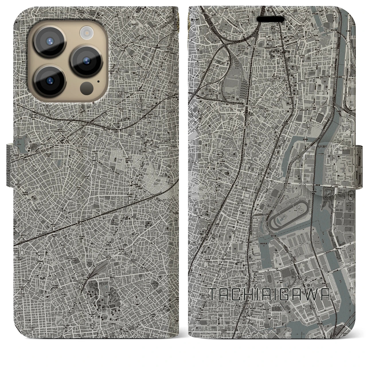 【立会川(東京都)】地図柄iPhoneケース(手帳タイプ)モノトーン・iPhone 14 Pro Max 用