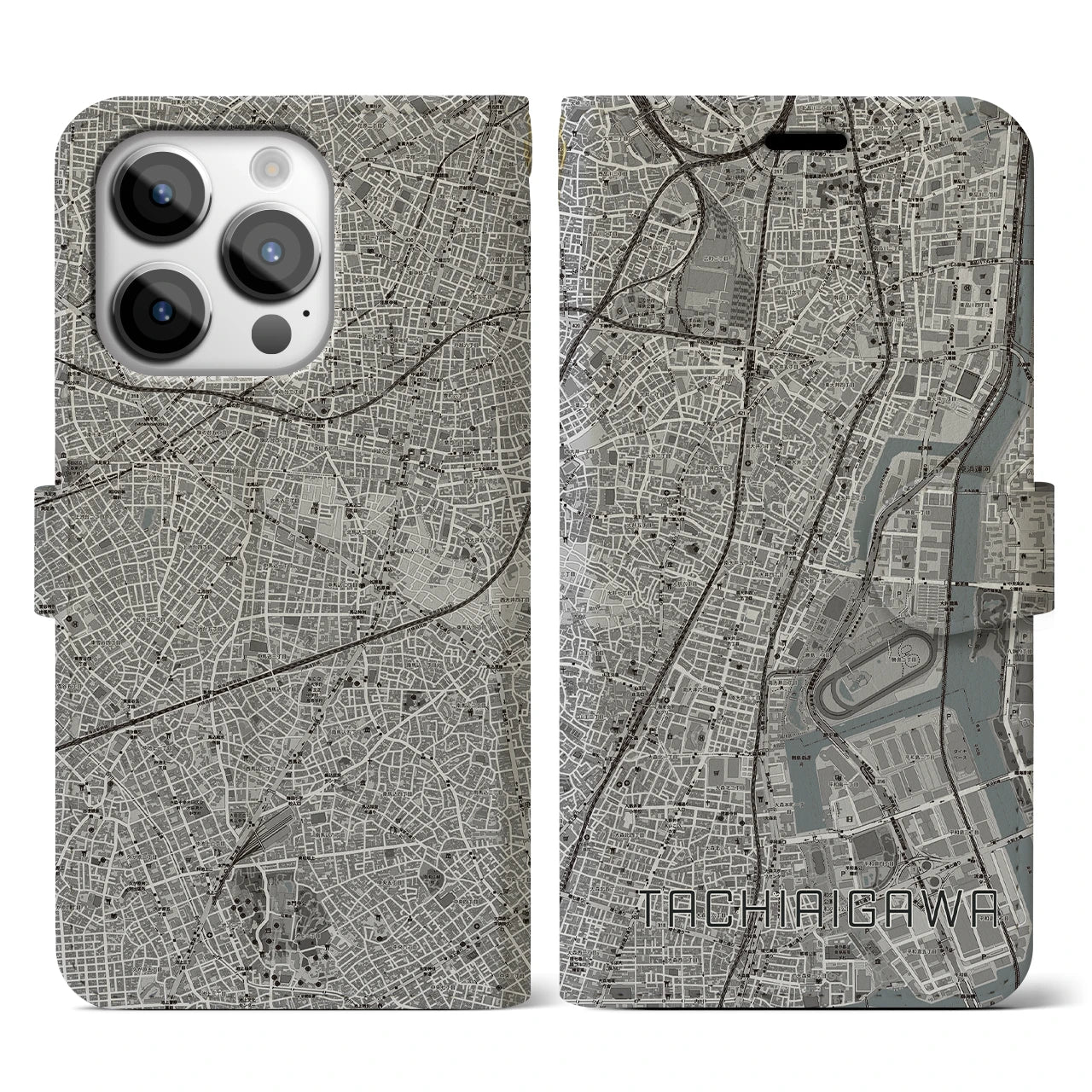 【立会川(東京都)】地図柄iPhoneケース(手帳タイプ)モノトーン・iPhone 14 Pro 用