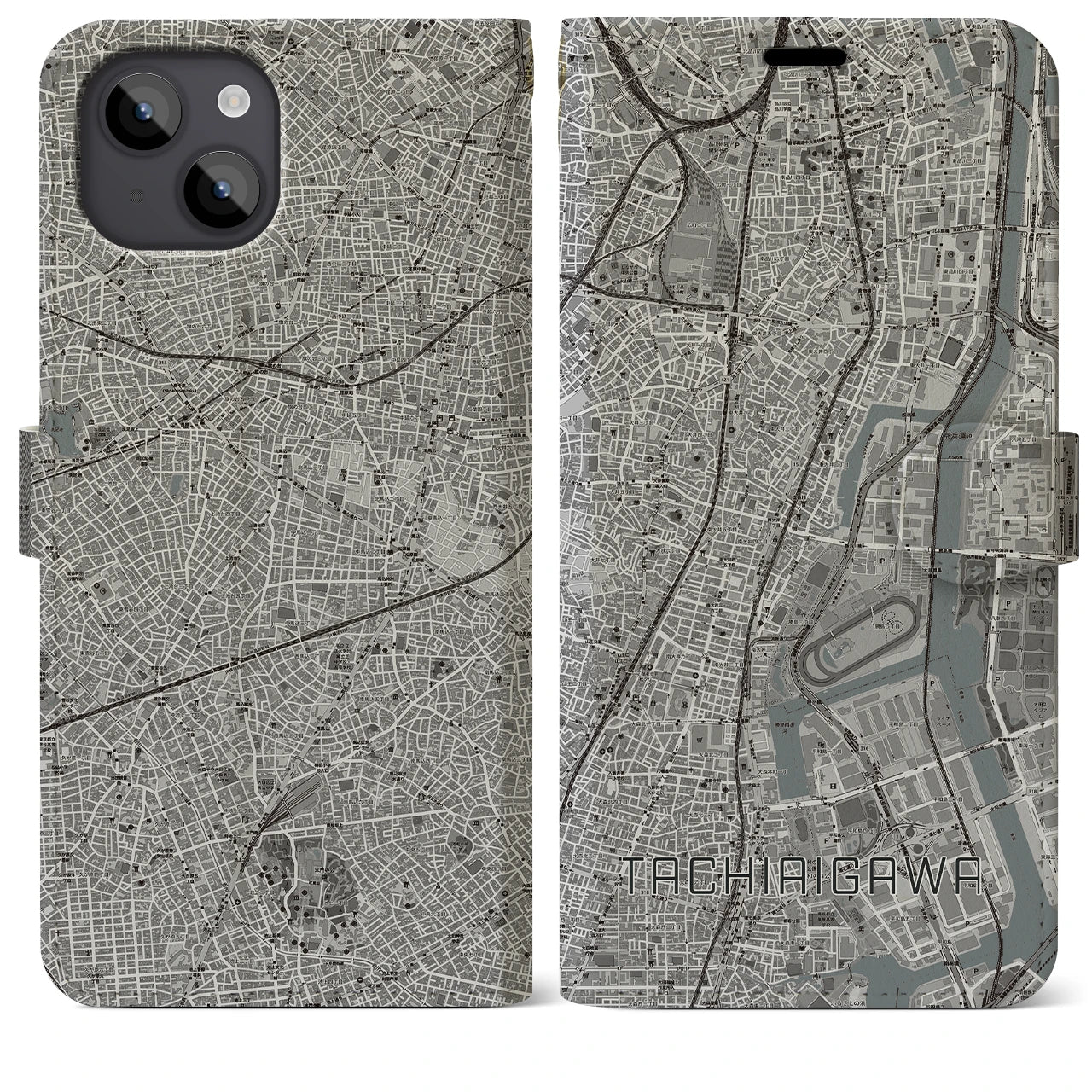 【立会川(東京都)】地図柄iPhoneケース(手帳タイプ)モノトーン・iPhone 14 Plus 用