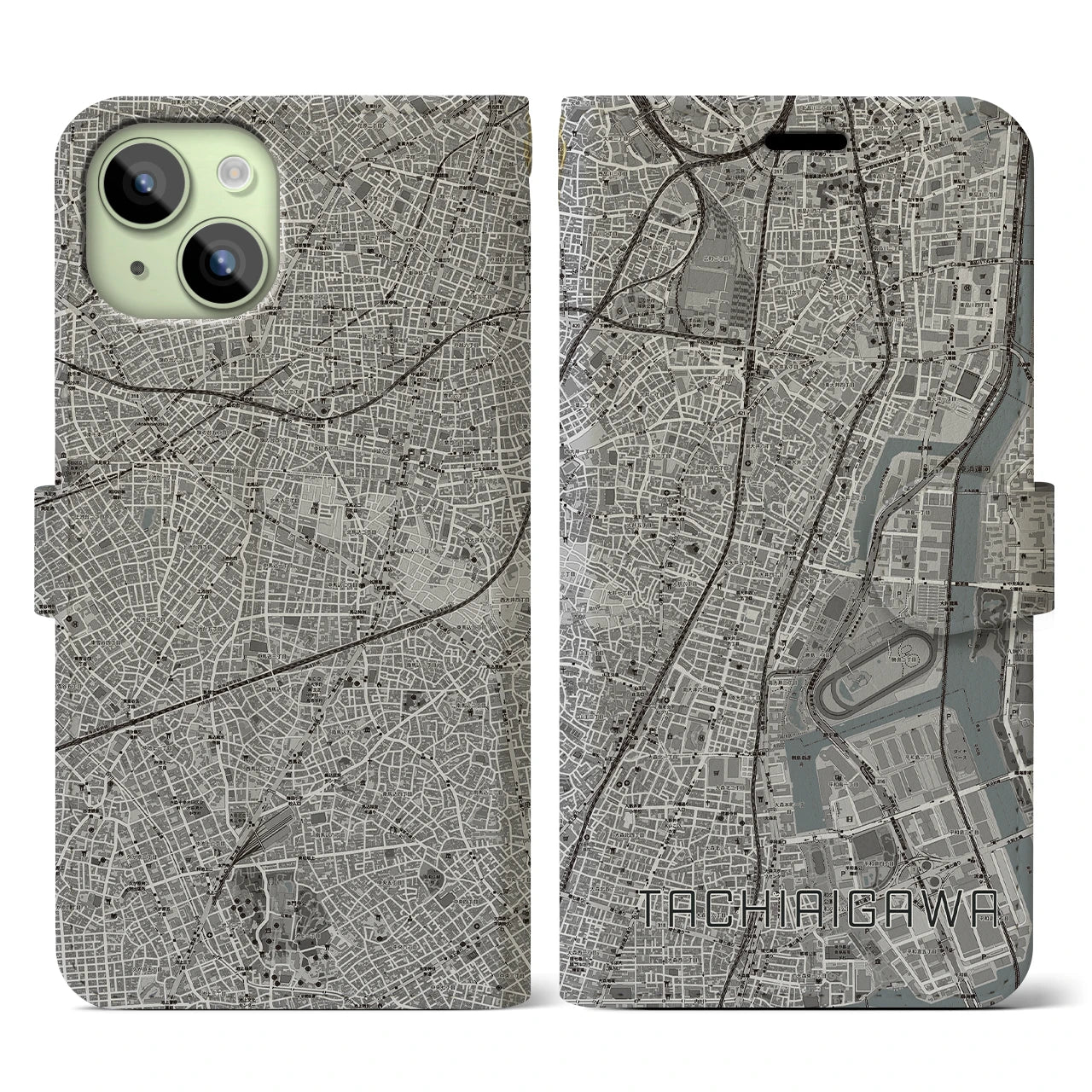 【立会川(東京都)】地図柄iPhoneケース(手帳タイプ)モノトーン・iPhone 15 用
