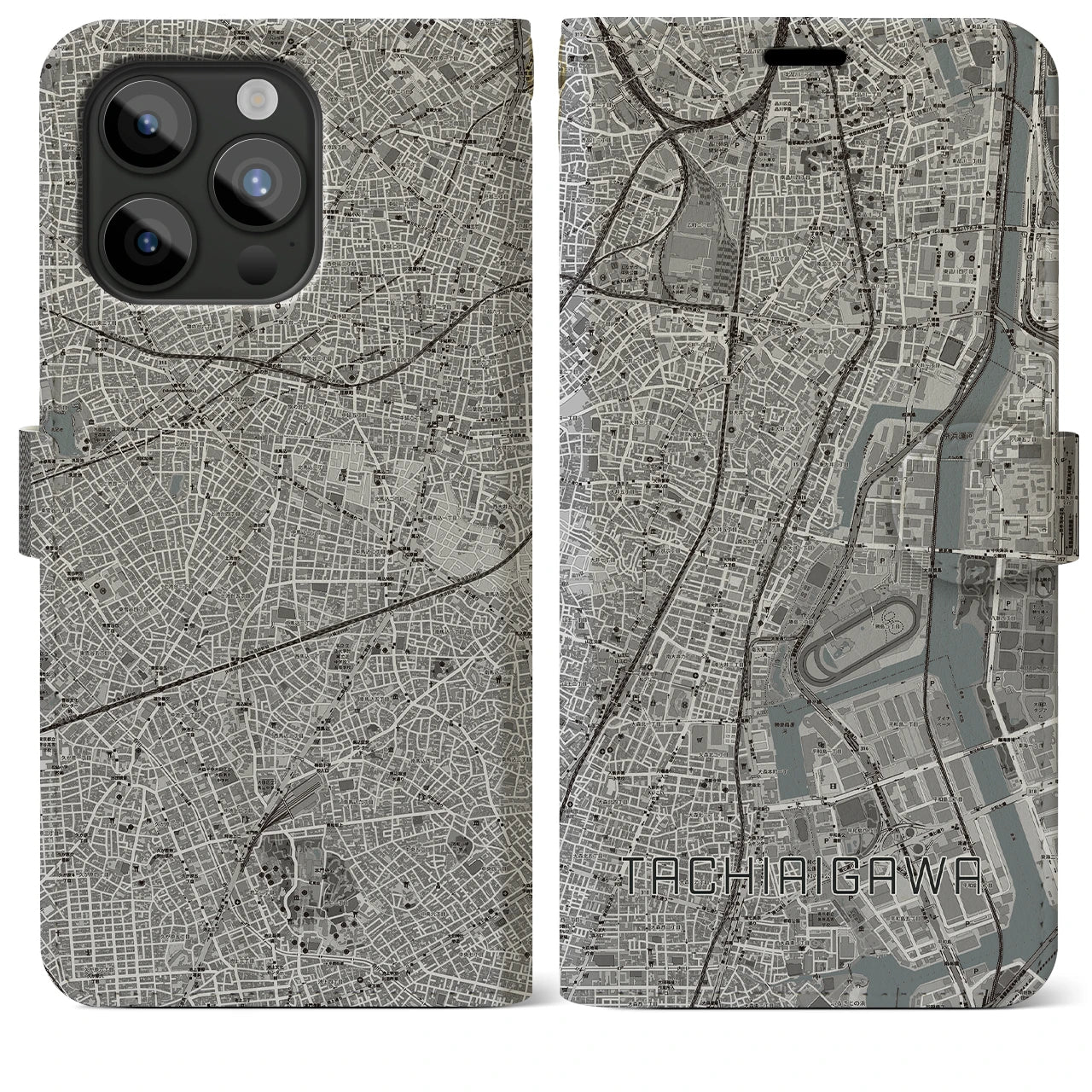 【立会川(東京都)】地図柄iPhoneケース(手帳タイプ)モノトーン・iPhone 15 Pro Max 用
