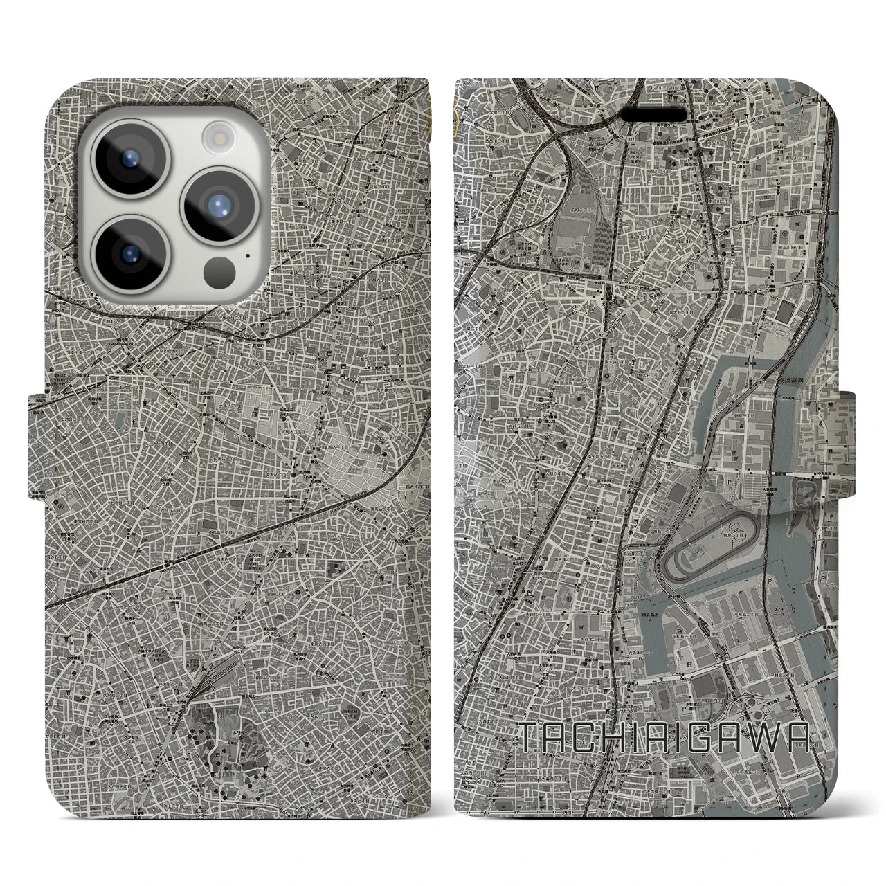 【立会川(東京都)】地図柄iPhoneケース(手帳タイプ)モノトーン・iPhone 15 Pro 用