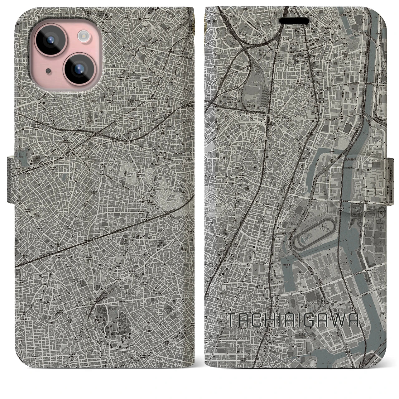 【立会川(東京都)】地図柄iPhoneケース(手帳タイプ)モノトーン・iPhone 15 Plus 用