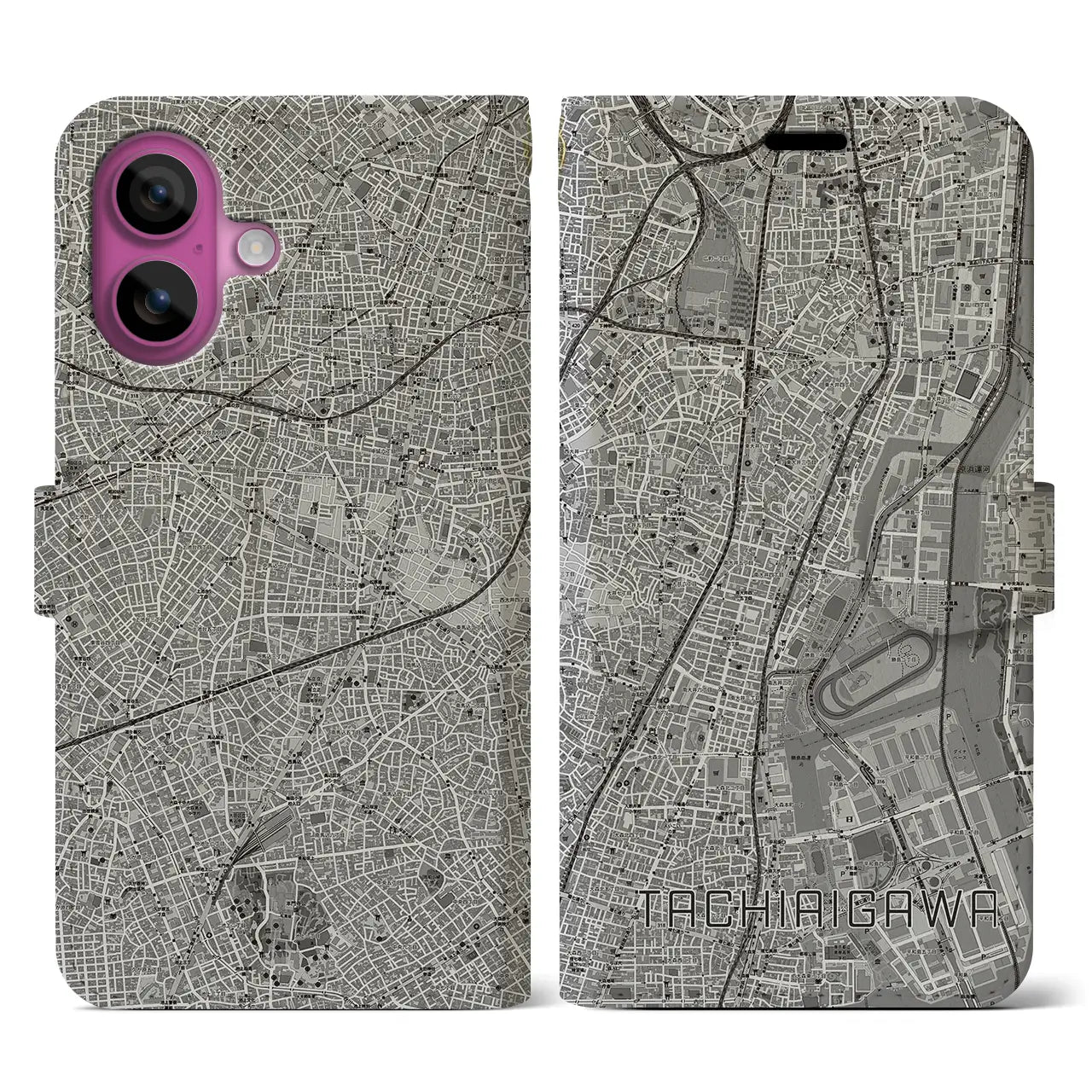 【立会川(東京都)】地図柄iPhoneケース(手帳タイプ)モノトーン・iPhone 16 Pro 用