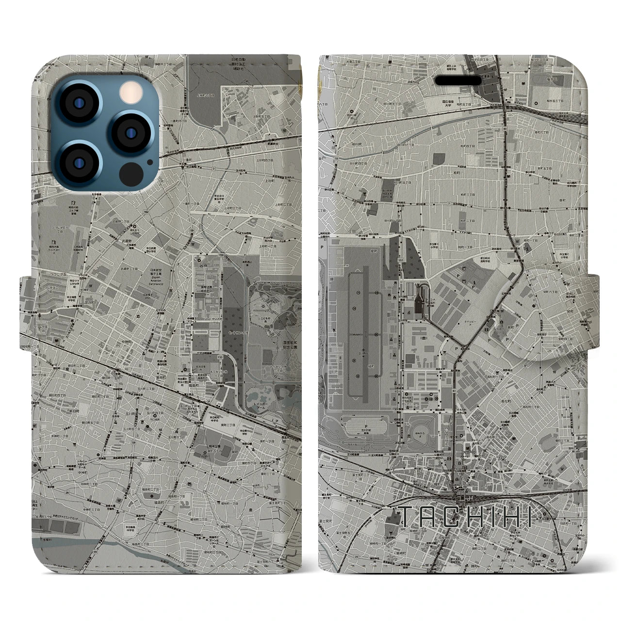 【立飛(東京都)】地図柄iPhoneケース(手帳タイプ)モノトーン・iPhone 12 / 12 Pro 用