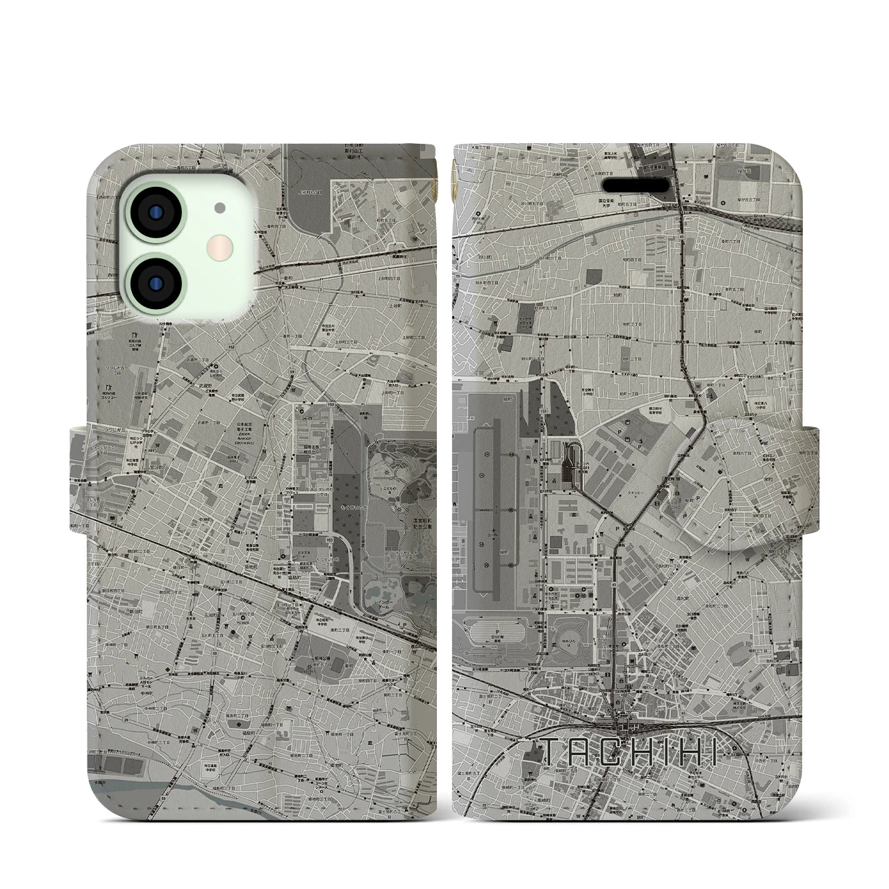 【立飛(東京都)】地図柄iPhoneケース(手帳タイプ)モノトーン・iPhone 12 mini 用