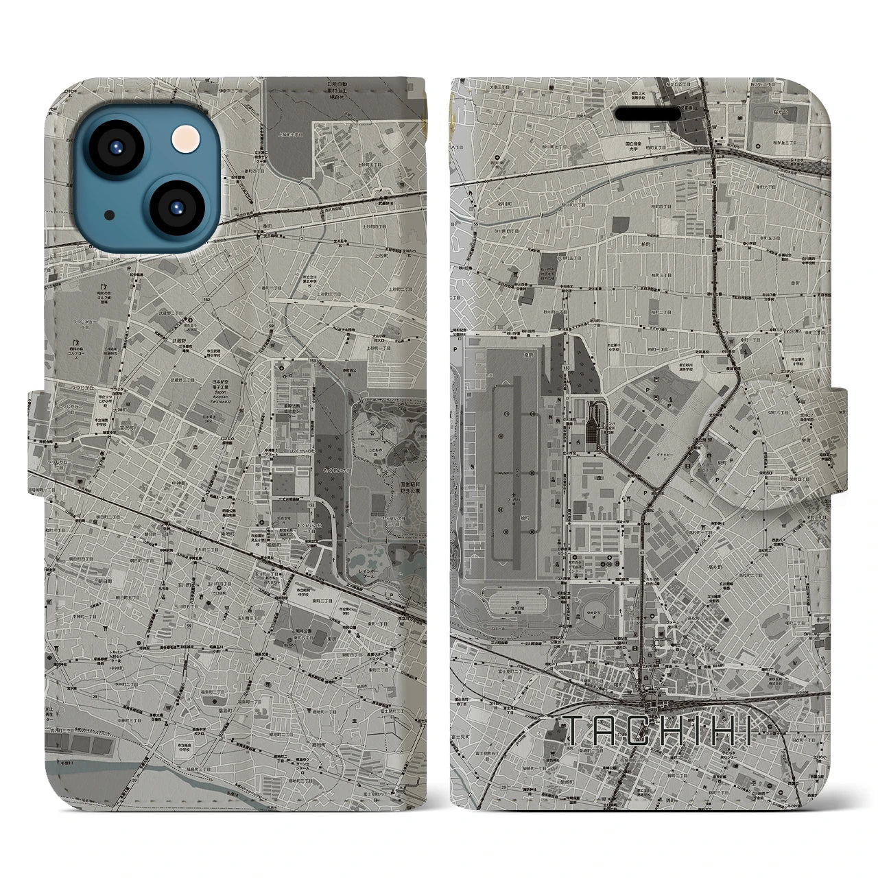【立飛(東京都)】地図柄iPhoneケース(手帳タイプ)モノトーン・iPhone 13 用