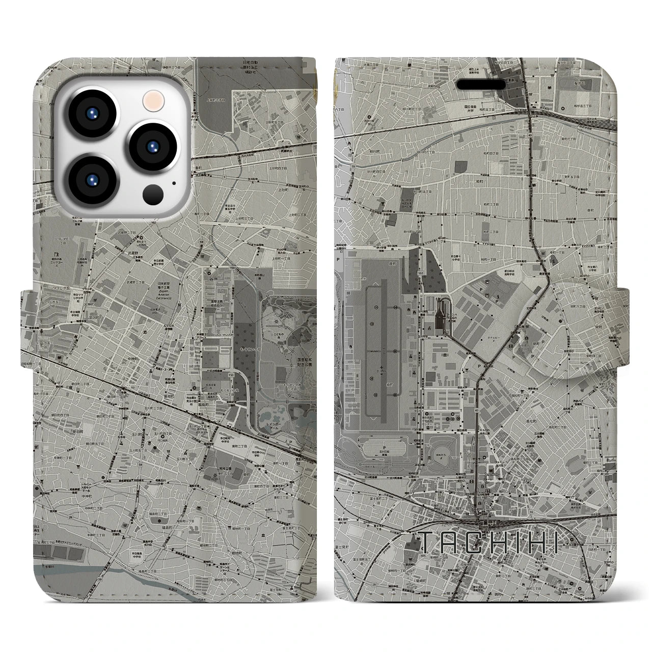 【立飛(東京都)】地図柄iPhoneケース(手帳タイプ)モノトーン・iPhone 13 Pro 用