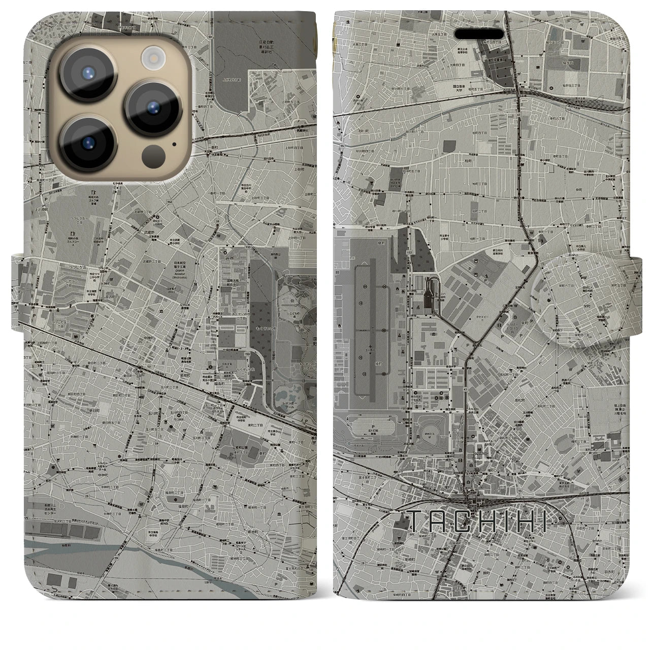 【立飛(東京都)】地図柄iPhoneケース(手帳タイプ)モノトーン・iPhone 14 Pro Max 用