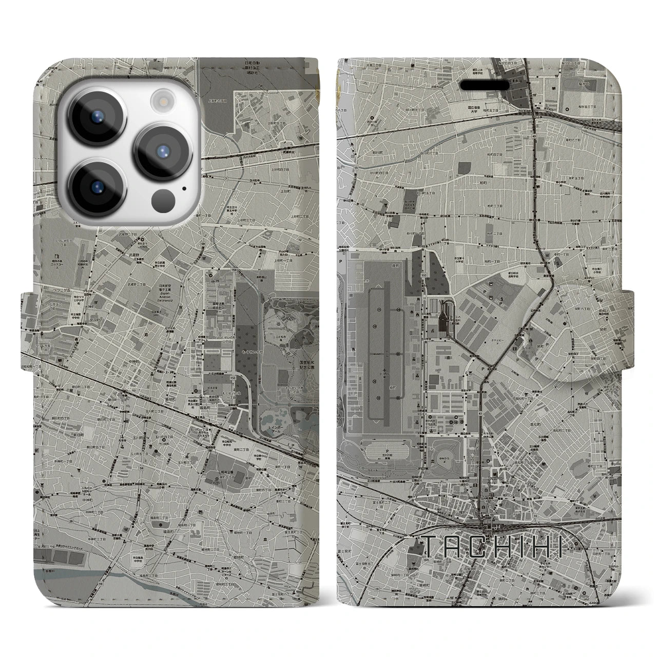 【立飛(東京都)】地図柄iPhoneケース(手帳タイプ)モノトーン・iPhone 14 Pro 用