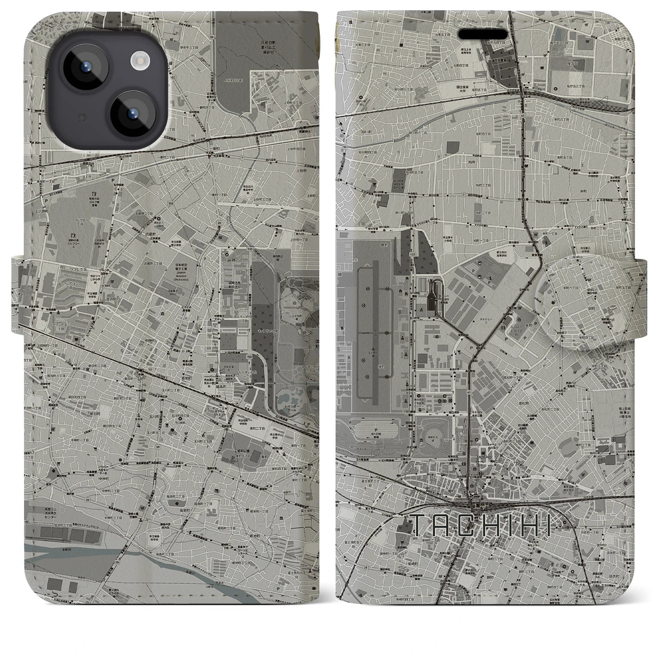 【立飛(東京都)】地図柄iPhoneケース(手帳タイプ)モノトーン・iPhone 14 Plus 用