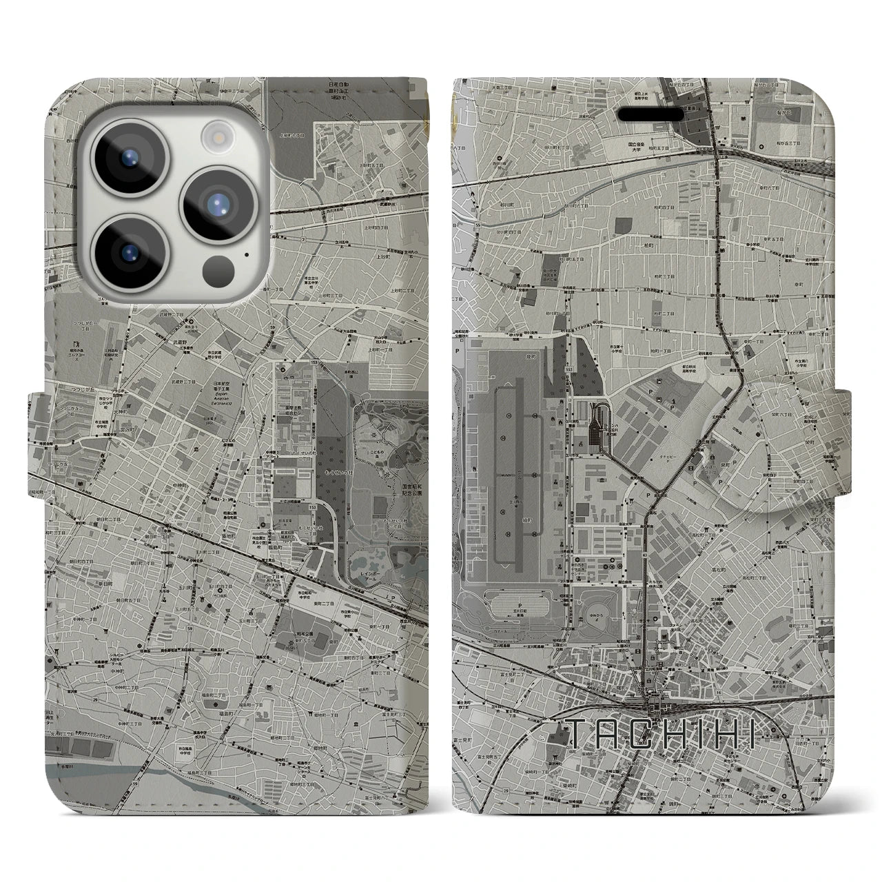 【立飛(東京都)】地図柄iPhoneケース(手帳タイプ)モノトーン・iPhone 15 Pro 用