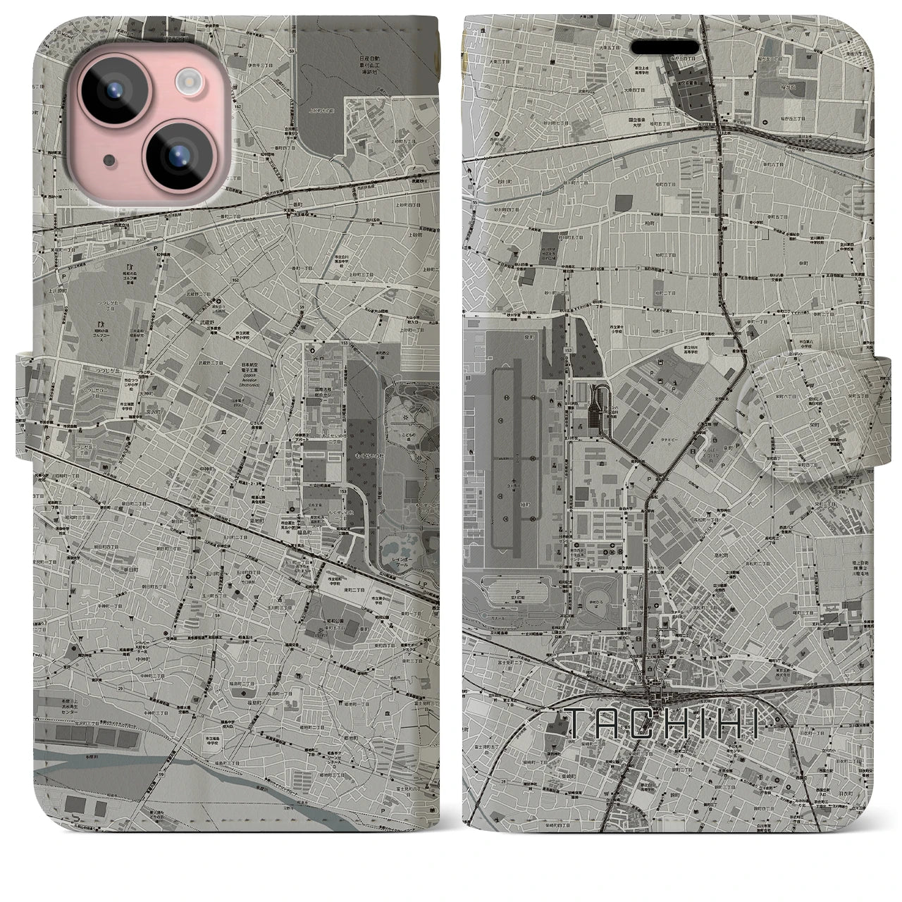 【立飛(東京都)】地図柄iPhoneケース(手帳タイプ)モノトーン・iPhone 15 Plus 用
