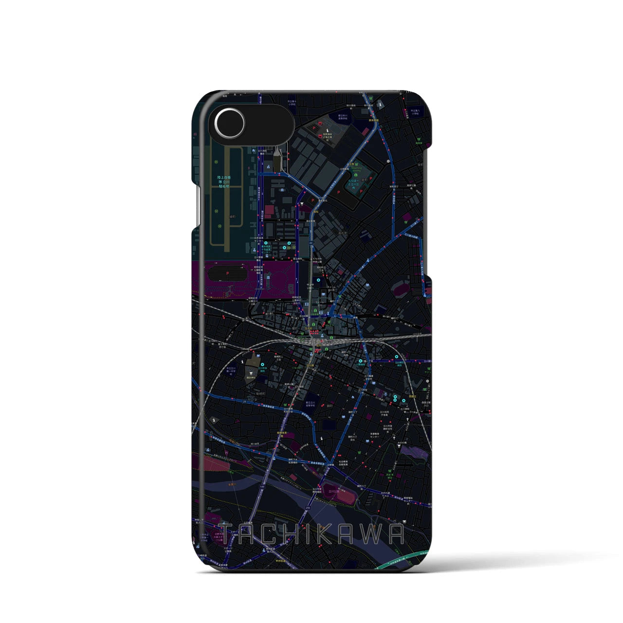 【立川(東京都)】地図柄iPhoneケース(バックカバータイプ)ブラック・iPhone SE(第3 / 第2世代) / 8 / 7 / 6s / 6 用