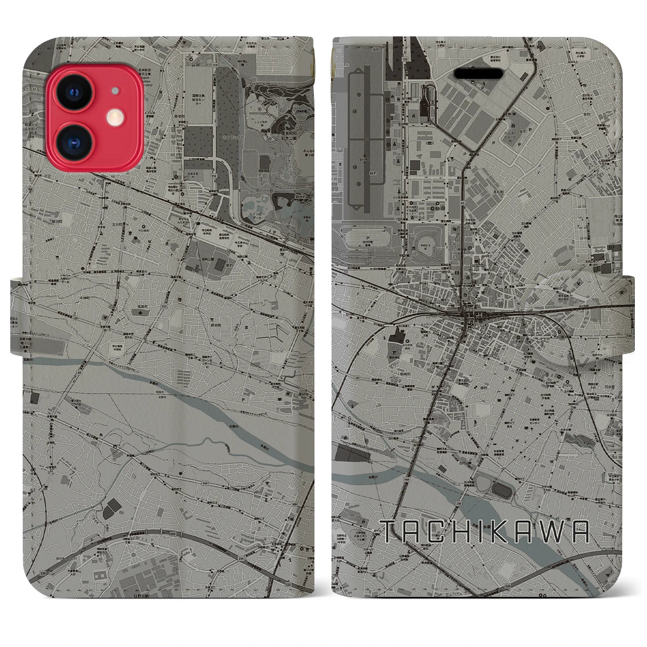 【立川(東京都)】地図柄iPhoneケース(手帳タイプ)モノトーン・iPhone 11 用
