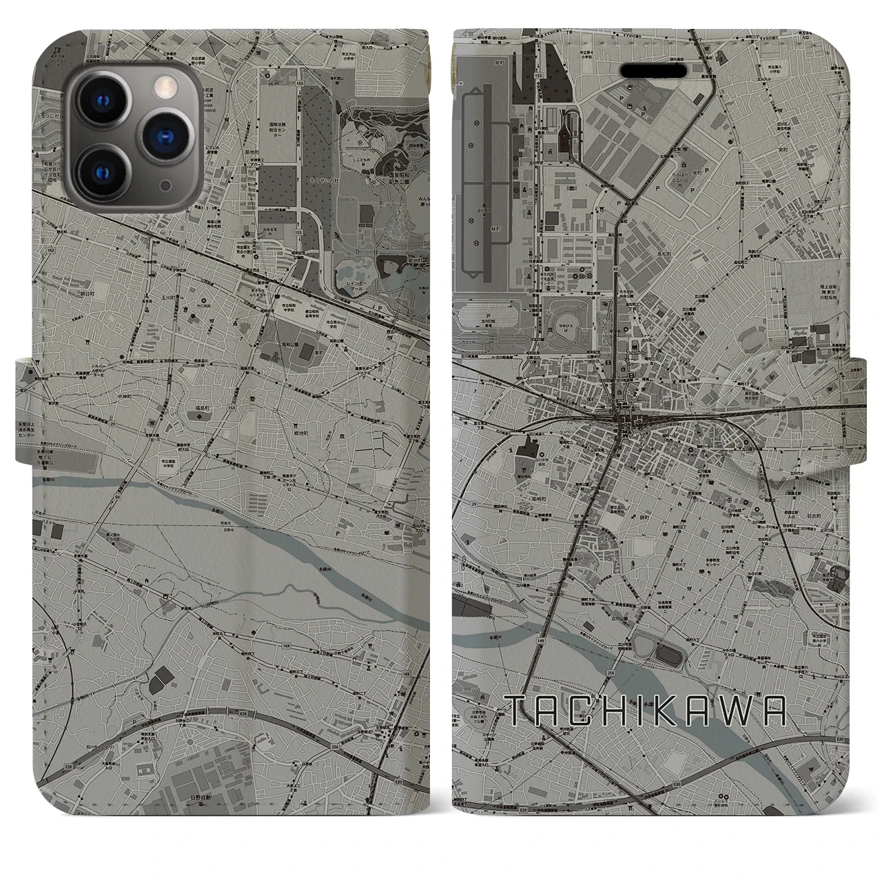 【立川(東京都)】地図柄iPhoneケース(手帳タイプ)モノトーン・iPhone 11 Pro Max 用