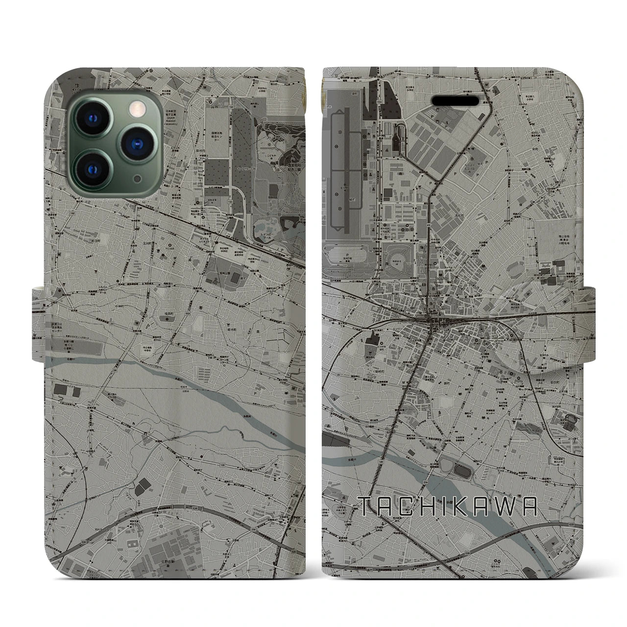 【立川(東京都)】地図柄iPhoneケース(手帳タイプ)モノトーン・iPhone 11 Pro 用