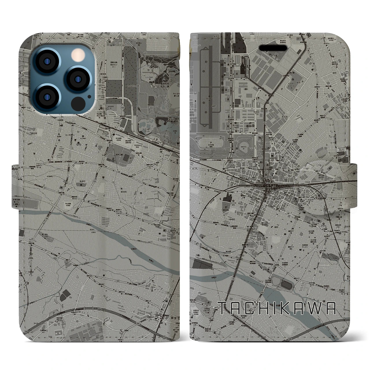 【立川(東京都)】地図柄iPhoneケース(手帳タイプ)モノトーン・iPhone 12 / 12 Pro 用