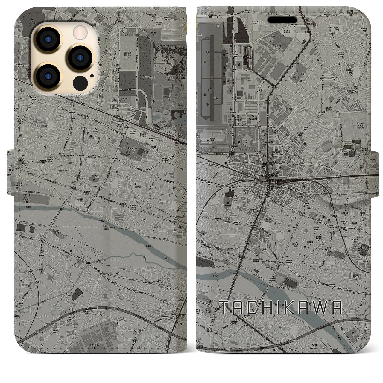 【立川(東京都)】地図柄iPhoneケース(手帳タイプ)モノトーン・iPhone 12 Pro Max 用