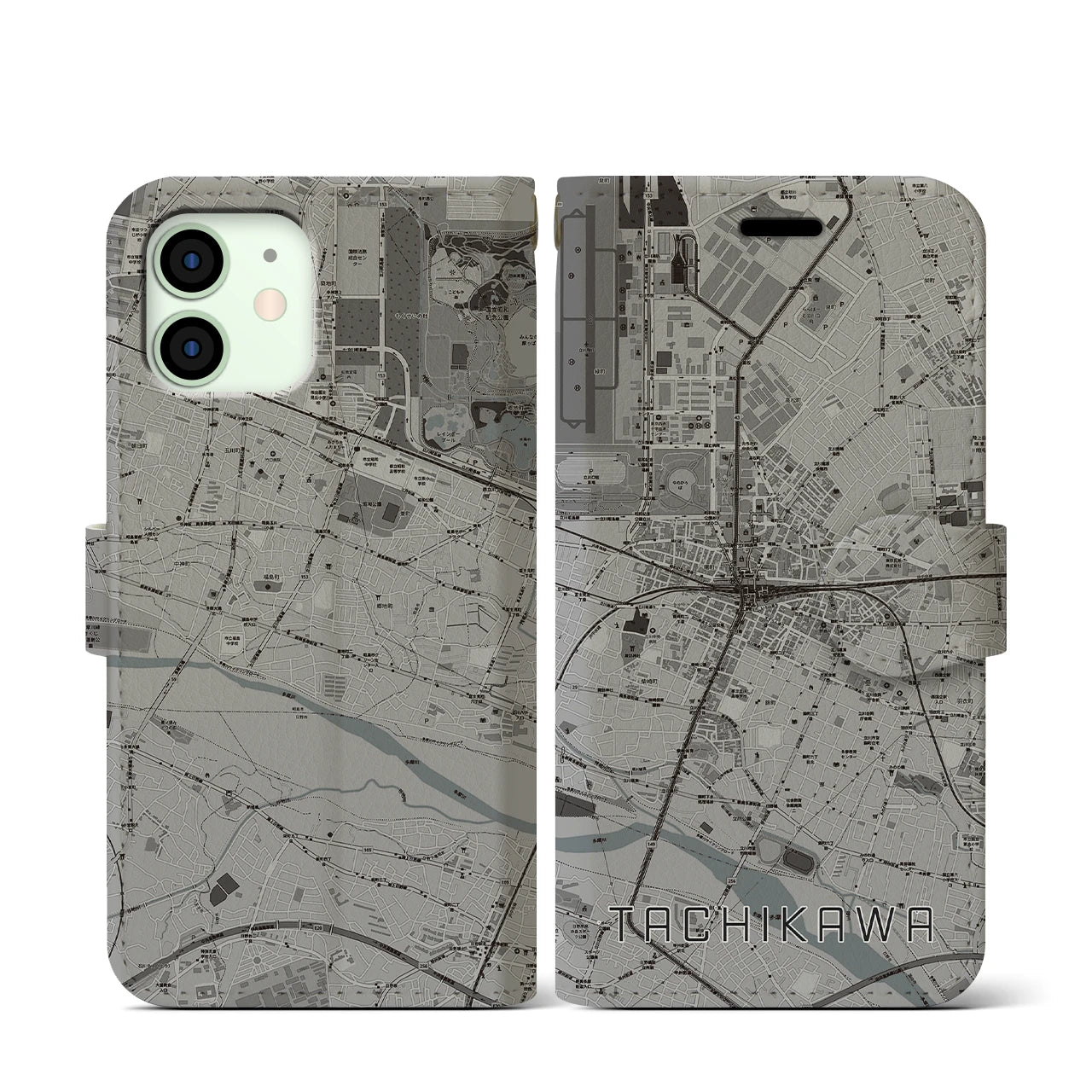 【立川(東京都)】地図柄iPhoneケース(手帳タイプ)モノトーン・iPhone 12 mini 用