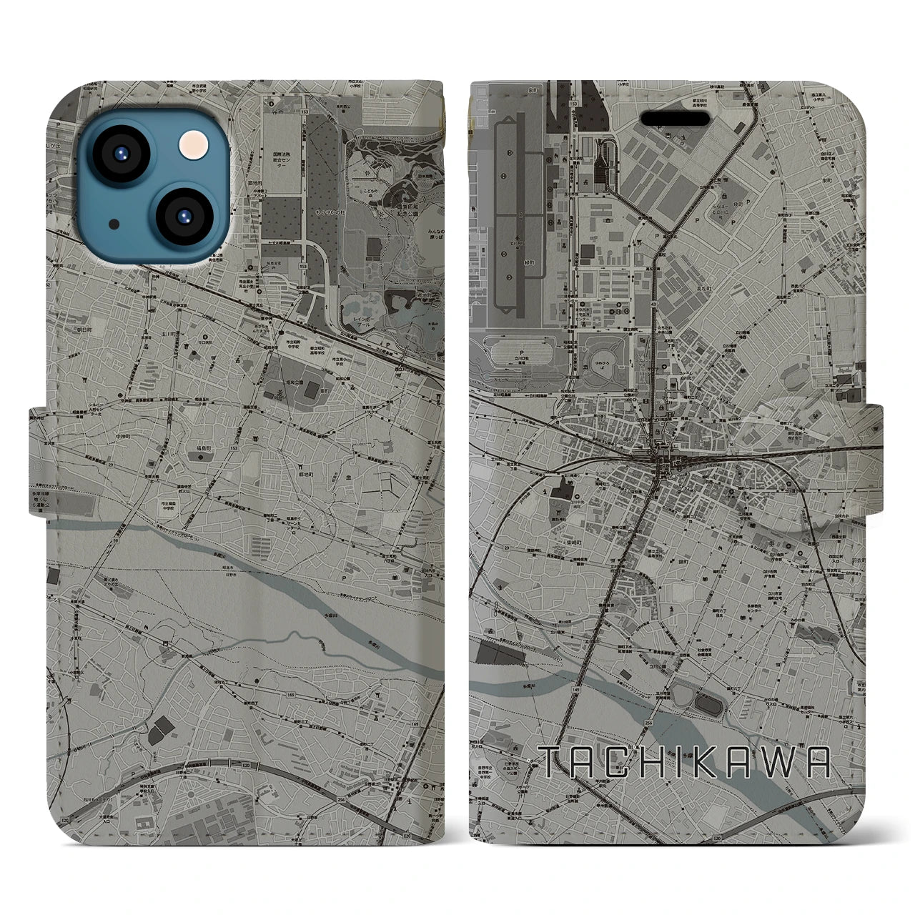 【立川(東京都)】地図柄iPhoneケース(手帳タイプ)モノトーン・iPhone 13 用