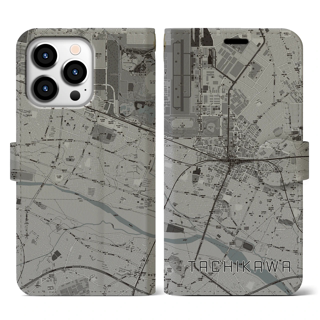 【立川(東京都)】地図柄iPhoneケース(手帳タイプ)モノトーン・iPhone 13 Pro 用