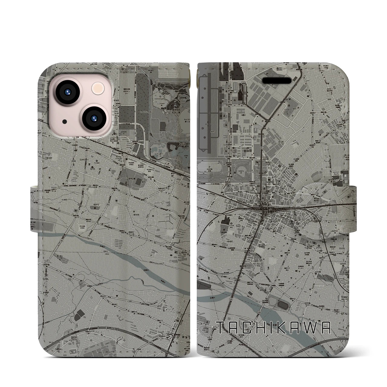 【立川(東京都)】地図柄iPhoneケース(手帳タイプ)モノトーン・iPhone 13 mini 用